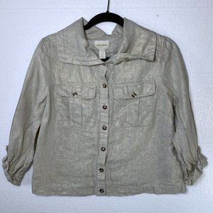 Chico's Women's Size 1 Medium Gold Shimmer 100% Linen Jacket Button Front Pocket